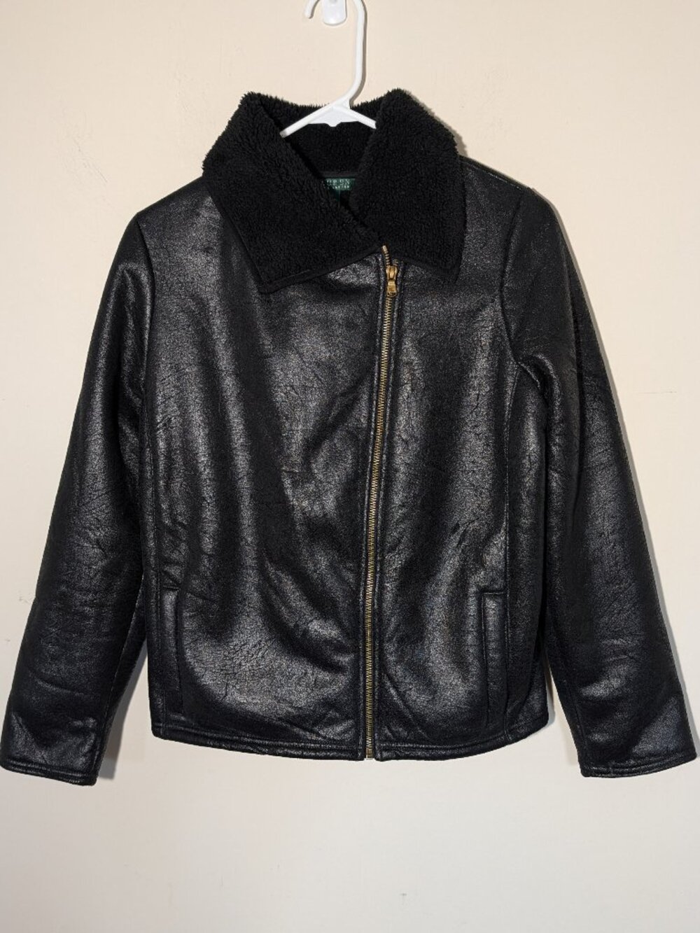 Ralph Lauren Vegan Distressed Faux Leather Sherpa Lining Moto Jacket Sz M Black